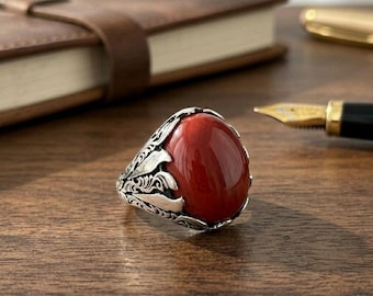 Anillo llamativo de coral rojo para hombre, plata de ley vintage grabada, cabujón de coral ovalado, anillo de sello gótico hecho a mano, regalo para marido