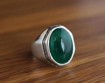 Grüner Onyx Sterling Silber Herren Siegelring, Oval Cabochon (12 x 16 mm)