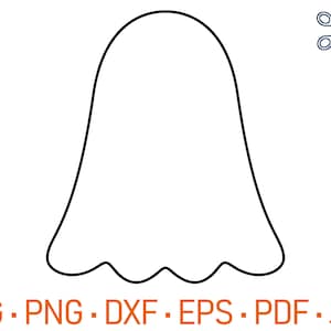 May include: A black and white digital graphic of a ghost silhouette with a rounded top and a scalloped bottom edge. The image includes a small scissors icon with the text CUT FILE READY and a list of file formats: SVG, PNG, DXF, EPS, PDF, JPG.