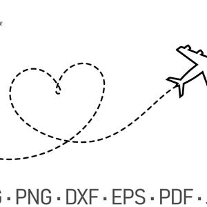Puede incluir: Un gráfico digital en blanco y negro con un icono de ubicación conectado por una línea discontinua que forma un corazón, que conduce a la silueta de un avión. El texto CUT FILE READY aparece en la esquina con los formatos listados abajo.