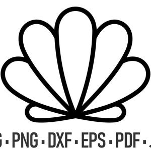 May include: A black and white line art graphic of a stylized seashell with five rounded segments. Below the seashell illustration, the text reads SVG - PNG - DXF - EPS - PDF - JPG in a bold, sans-serif font, indicating available file formats.