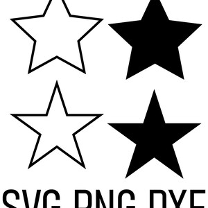 May include: A digital graphic featuring four five-pointed star shapes arranged in a two-by-two grid. Two stars are solid black, and two are white outlines with black borders. The text SVG PNG DXF is printed in black at the bottom of the image.