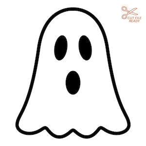以下が含まれることがあります： 丸い頭と波打つ下端を持つ幽霊の白黒グラフィック。幽霊には黒い楕円形の目と口があります。右上隅には、オレンジ色のハサミのアイコンと「CUT FILE READY」というテキストが表示されています。