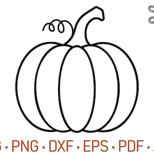 May include: A black and white line art illustration of a pumpkin with a stem and a curly vine. The graphic includes the text CUT FILE READY in the top right corner and the file formats SVG, PNG, DXF, EPS, PDF, JPG at the bottom.