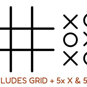 May include: A black tic-tac-toe grid featuring two horizontal and two vertical lines, accompanied by five X symbols and five O symbols in black. Below the grid, the text INCLUDES GRID + 5x X & 5x O is printed in a bold brown sans-serif font.