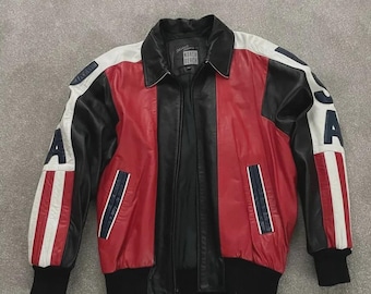 Giacca bomber in pelle vintage con bandiera USA da uomo / Giacca patriottica con bandiera americana / Giacca da motociclista retrò, regalo per lui