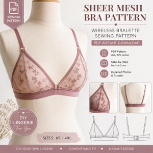 Puede incluir: Patrón de costura para bralette sin aros de malla transparente con bordado floral, tirantes ajustables y cierre de corchetes. El PDF incluye instrucciones paso a paso, tutoriales y tallas desde la XS hasta la 4XL para A4 y US Letter.