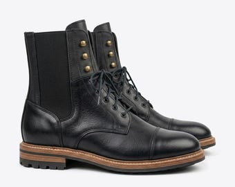 Handmade Black Leather Cap Toe Boots Mens Lace Up Ankle Boot Classic Dress Footwear