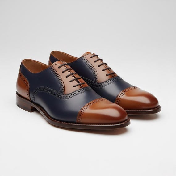 Handmade Two Tone Navy Tan Cap Toe Oxford Brogue Shoes – Classic Leather Formal Footwear