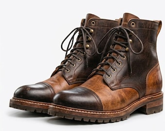 May include: A pair of brown leather boots with a two-tone design. The boots feature a cap toe, lace-up closure, and a lug sole. The leather has a distressed appearance, and the boots have a classic, rugged style.