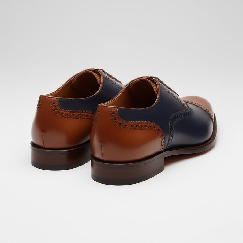 Handmade Two Tone Navy Tan Cap Toe Oxford Brogue Shoes – Classic Leather Formal Footwear image 3