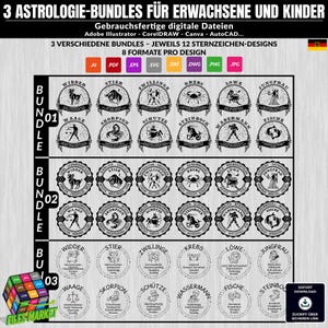 Peut inclure: Un ensemble de designs num&eacute;riques avec 3 s&eacute;ries d'astrologie pour adultes et enfants. Chaque s&eacute;rie comprend 12 mod&egrave;les de signes du zodiaque. Les designs sont disponibles en formats AI, PDF, EPS, SVG, DXF, DWG, PNG et JPG.