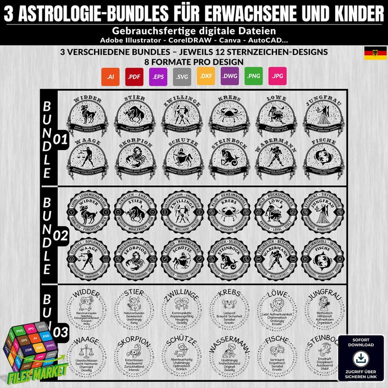 Peut inclure: Un ensemble de designs num&eacute;riques avec 3 s&eacute;ries d'astrologie pour adultes et enfants. Chaque s&eacute;rie comprend 12 mod&egrave;les de signes du zodiaque. Les designs sont disponibles en formats AI, PDF, EPS, SVG, DXF, DWG, PNG et JPG.