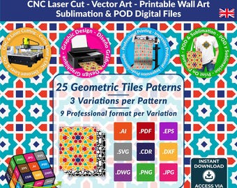 Lot de 25 motifs en zellige - carreaux géométriques professionnels - SVG découpé au laser CNC - art vectoriel