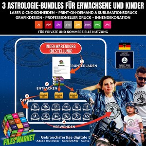 Peut inclure: Publicit&eacute; pour des packs d'astrologie pour adultes et enfants. L'image pr&eacute;sente un guide &eacute;tape par &eacute;tape avec du texte en allemand, des ic&ocirc;nes et des instructions d'utilisation. Une famille porte des t-shirts avec des signes du zodiaque.