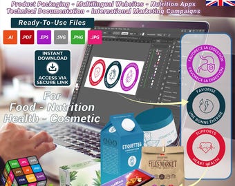 Lot d'icônes Alimentation Nutrition Santé Cosmétique : pictogrammes d'étiquetage multilingues (téléchargement numérique)