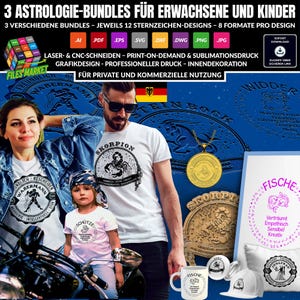 May include: A family poses with astrology-themed merchandise. The image shows white t-shirts with zodiac symbols, a gold pendant, a mug, a hat, and pillows. Text includes "3 ASTROLOGIE-BUNDLES FÜR ERWACHSENE UND KINDER" and "FILES MARKET".