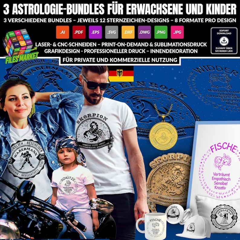 Peut inclure: Image pr&eacute;sentant une famille avec des produits sur le th&egrave;me de l'astrologie. Comprend des t-shirts blancs avec des signes du zodiaque, un pendentif dor&eacute;, une tasse, un chapeau et des coussins. Le texte comprend "3 ASTROLOGIE-BUNDLES F&Uuml;R ERWACHSENE UND KINDER" et "FILES MARKET".