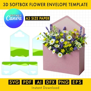 Puede incluir: Una plantilla de sobre de flores softbox 3D rosa con un ramo de flores. El diseño incluye plantillas recortadas y el texto "3D SOFTBOX FLOWER ENVELOPE TEMPLATE", "EDITABLE Canva", "A3 SIZE PAPER" e iconos de tipo de archivo.