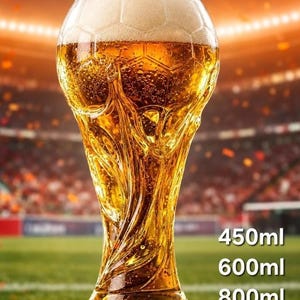 May include: A clear glass beer mug shaped like a soccer trophy with a textured surface and a foamy head. The glass is filled with a golden liquid. Text on the right side lists the available capacities as 450ml, 600ml, and 800ml.