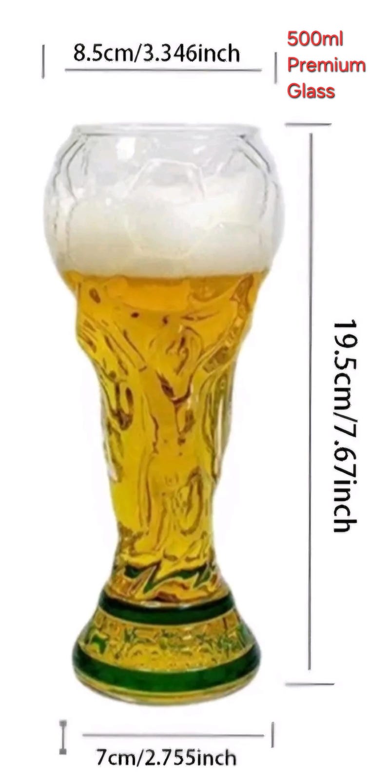 May include: A 500ml premium glass shaped like a trophy, filled with a golden liquid. The glass has a diameter of 3.346 inches at the top, a 2.755 inch base diameter, and a total height of 7.67 inches. The base features a dark green accent.