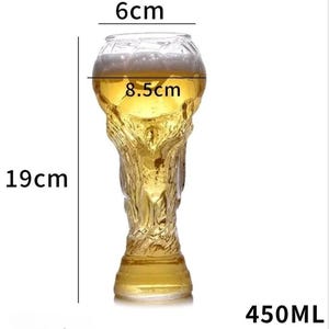 May include: A clear glass beer trophy cup filled with golden liquid and white foam. The glass features a textured, sculpted design. Dimensions are labeled as 6cm top diameter, 8.5cm width, 19cm height, and a total capacity of 450ml.