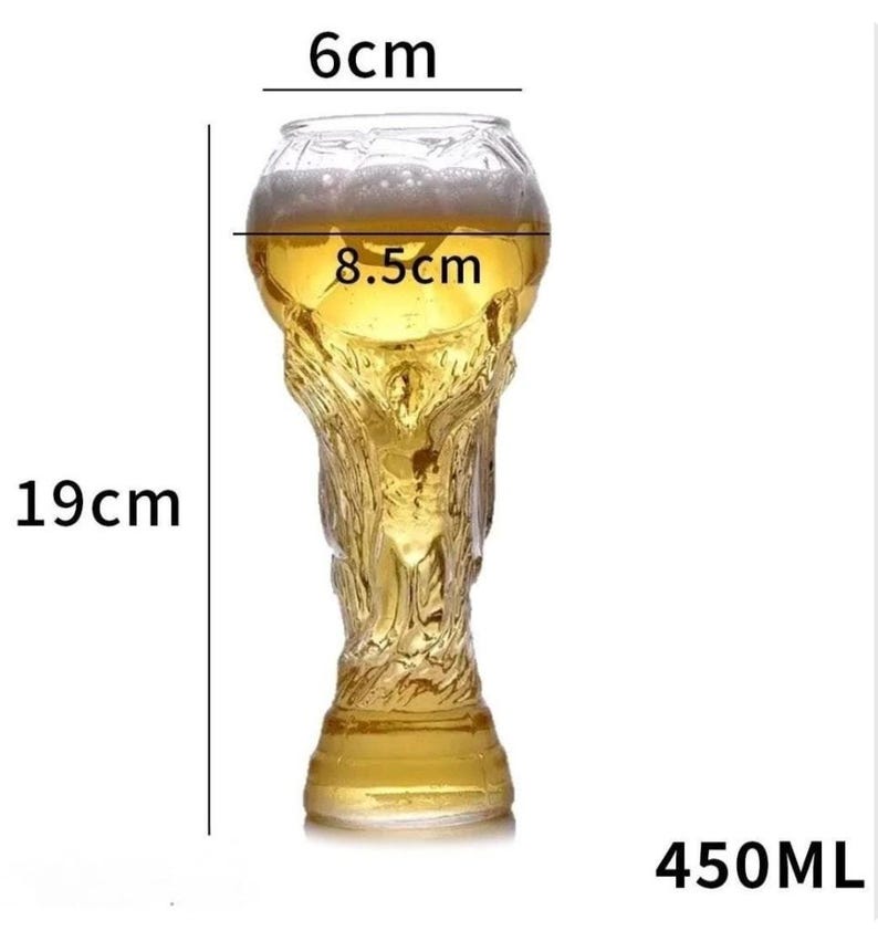 May include: A clear glass beer trophy cup filled with golden liquid and white foam. The glass features a textured, sculpted design. Dimensions are labeled as 6cm top diameter, 8.5cm width, 19cm height, and a total capacity of 450ml.