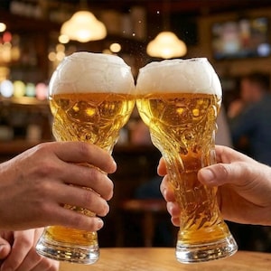 May include: Two clear glass beer mugs with a textured exterior resembling the hexagonal pattern of a soccer ball. Each glass is filled with golden beer topped with a thick white foam head, held up in a celebratory toast against a blurred background.