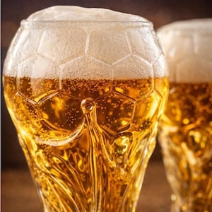 May include: A clear glass beer mug with a textured soccer ball pattern on the upper portion and a swirling base design, filled with golden beer and white foam. The text Premium Quality & Detail is displayed at the top of the image.