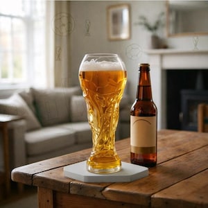 May include: A clear glass shaped like a soccer trophy filled with golden beer and white foam, sitting next to a brown glass beer bottle with a blank label on a white hexagonal coaster. The glass features embossed soccer ball and trophy patterns.
