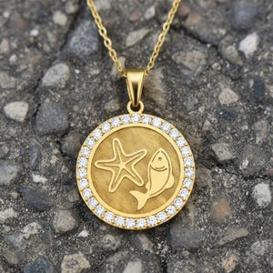 Moissanite Pisces Zodiac Pendant Necklace - 30mm Gold Plated Brass Starfish Fish Engraved