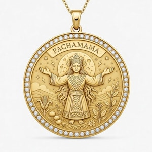 May include: Gold-colored pendant necklace featuring a detailed depiction of Pachamama, the Earth Mother, with outstretched arms. The pendant is round, with a border of small, clear gemstones. The word "PACHAMAMA" is inscribed at the top.