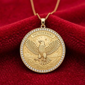May include: Gold-colored pendant necklace featuring a detailed Thunderbird design. The pendant has a circular shape with a border of small, clear stones. The Thunderbird is depicted with outstretched wings, and the word "THUNDERBIRD" is arched above the bird.