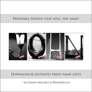 JOHN Personalized Gifts for Names. Instantly Download & Print Letter Art Photos That Spell JOHN Custom Printable. Digital Gifts. Same Day Gift Giving. Letter Art Alphabet Photos. Custom Gift Giving Ideas For Weddings, Anniversaries. NameArt.com
