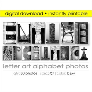 Pacote de fotos Letter Art Digital 80. Crie centenas de presentes hoje! Idéias para presentes faça você mesmo. Imprimir placas com nomes de arte em parede. Tamanho 5x7. Alfabeto de Arquitetura