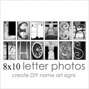 Może przedstawiać: Czarno-białe zdjęcia różnych obiektów ułożonych tak, aby tworzyły słowo "LETTER PHOTOS" z tekstem "create DIY name art signs" poniżej.