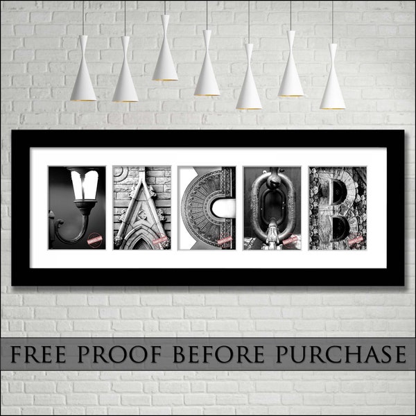 Personalized Family Name Art Sign. Unique Custom Gifts. Framed & Matted or Unframed 4x6 Letter Art Photos. Free Proof Before Purchase. BW