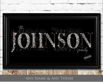 Custom Family Name Art. Personalized Gifts. Framed or Unframed 10x20 Print. *to see your name in a different theme, msg us before purchase*