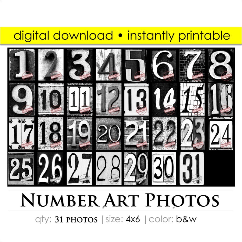 Number Photos Digital Download Printables for DIY Custom Date Wall Art Signs. Numbers 1-31 Size 4x6 Qty 31 Photos in Black and White. image 1