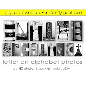 Architecture Letter Art Printable – 80 Photo BW Alphabet Package, Digital Download, DIY Name Sign, Wall Decor Gift, Instant Custom Name Art