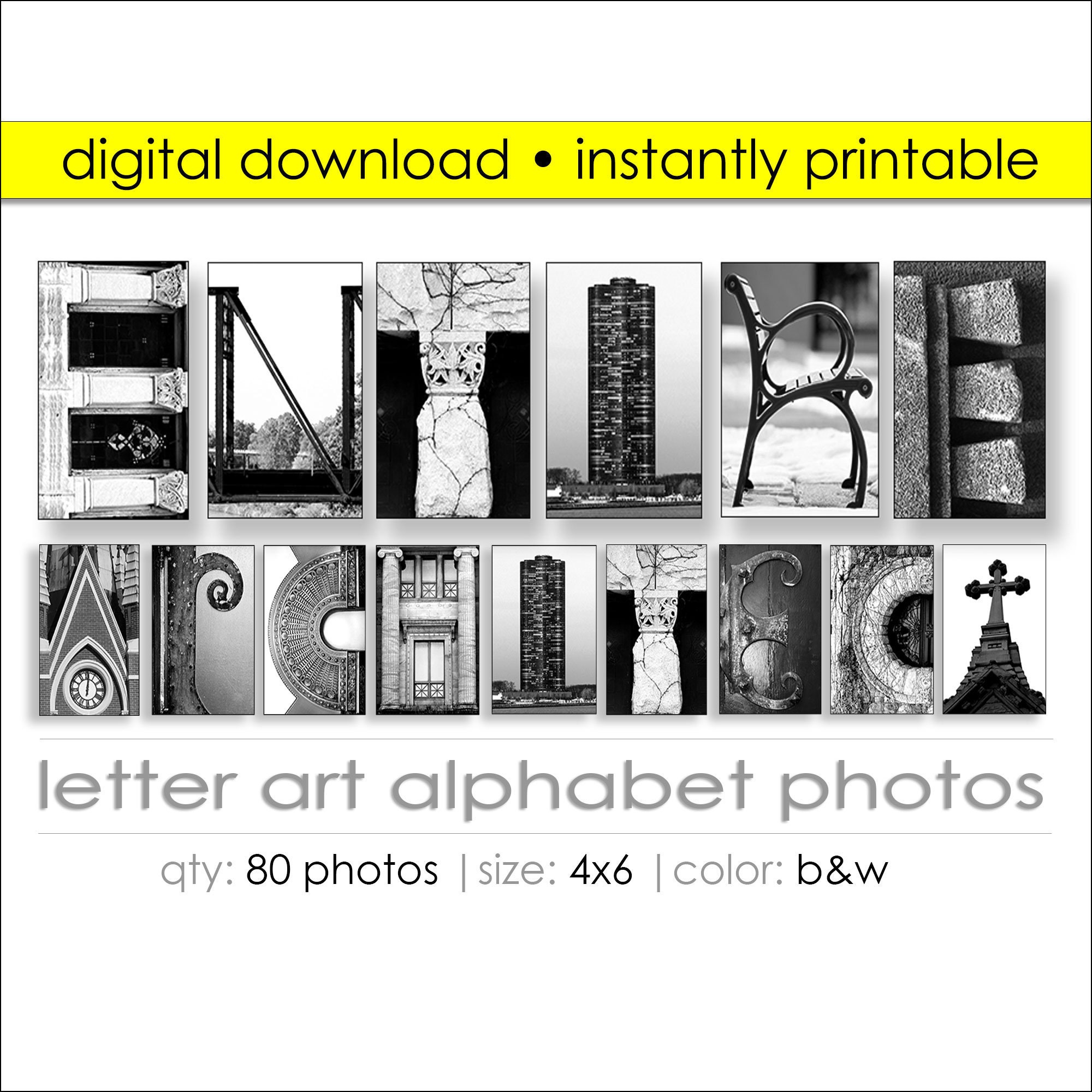 Architecture Letter Art Printable – 80 Photo BW Alphabet Package