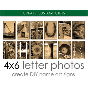 Fotografías del alfabeto con letras para regalos personalizados. Cree regalos con nombre personalizado. Envío RÁPIDO. Se vendieron más de 1 millón. Tamaño: impresiones de letras sepia de 4 x 6