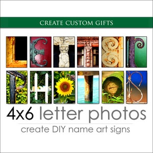Fotos de arte com letras do alfabeto para presentes fotográficos personalizados. Soletre seu nome em fotos para placas de arte com nome personalizadas. Ideias criativas de presentes personalizados faça você mesmo.
