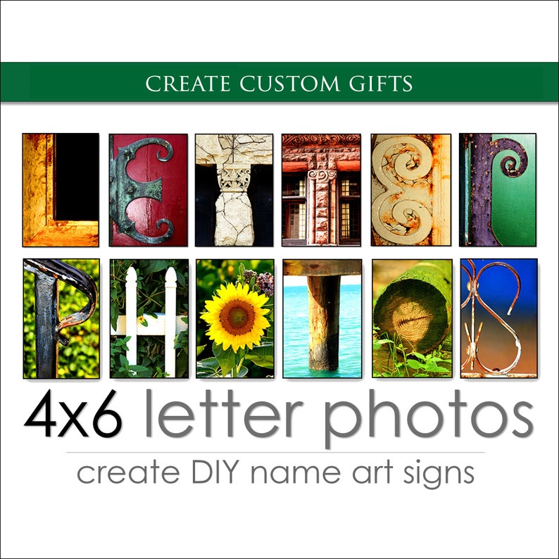 Letter Art Alphabet Photos for Custom DIY Gift Ideas. Unique Personalized Wedding, Anniversary, Housewarming, Birthday, Closing Relator Gifts, Retirement Gifts. Wedding Signs. Pictures of Letters to Spell Names. Create Custom Name Signs. NameArt.com