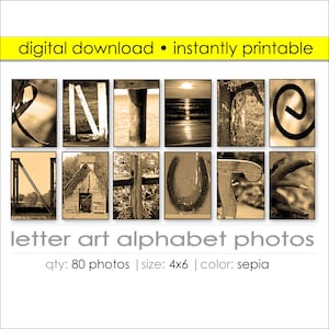 Juego de arte digital con letras del alfabeto y naturaleza. Incluye 80 fotografías artísticas con letras. Cree regalos personalizados con nombres. Regalos personalizados para deletrear nombres con fotos.