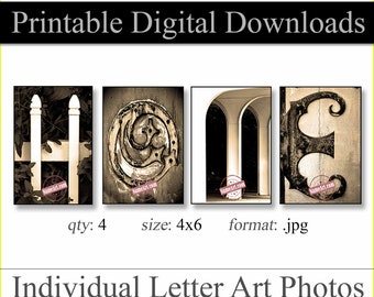 Printable Digital Download Letter Art. HOME Wall Art. Qty - 4  Size - 4"x6"  Instantly Download & Print. Letters That Spell HOME. DIY Gifts.