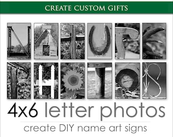 Alphabet Letter Art Photos for Personal Photo Gifts. Spell Your Name in Pictures for a Custom Name Gift. Creative DIY Custom Gift Ideas. BW