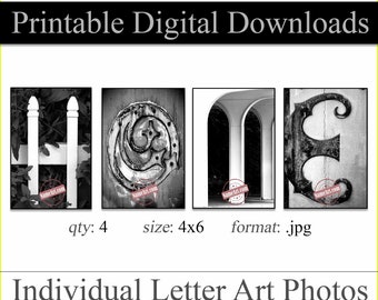 Printable Digital Download Letter Art. HOME Wall Art. Qty - 4  Size - 4"x6"  Instantly Download & Print. Letters That Spell HOME. DIY Gifts.