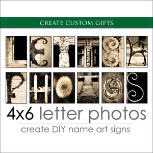 Fotografías del alfabeto con letras para regalos personalizados. Cree regalos con nombre personalizado. Envío RÁPIDO. Se vendieron más de 1 millón. Tamaño: impresiones de letras sepia de 4 x 6