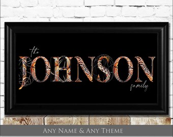 Custom Family Name Art. Personalized Gifts. Framed or Unframed 10x20 Print. *to see your name in a different theme, msg us before purchase*